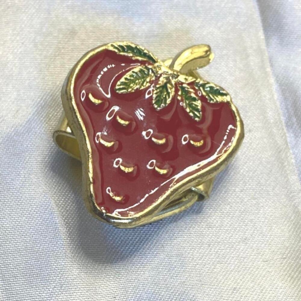 Vintage Strawberry Scarf Clip Red Enamel Gold Tone Fruit Scarf Slide